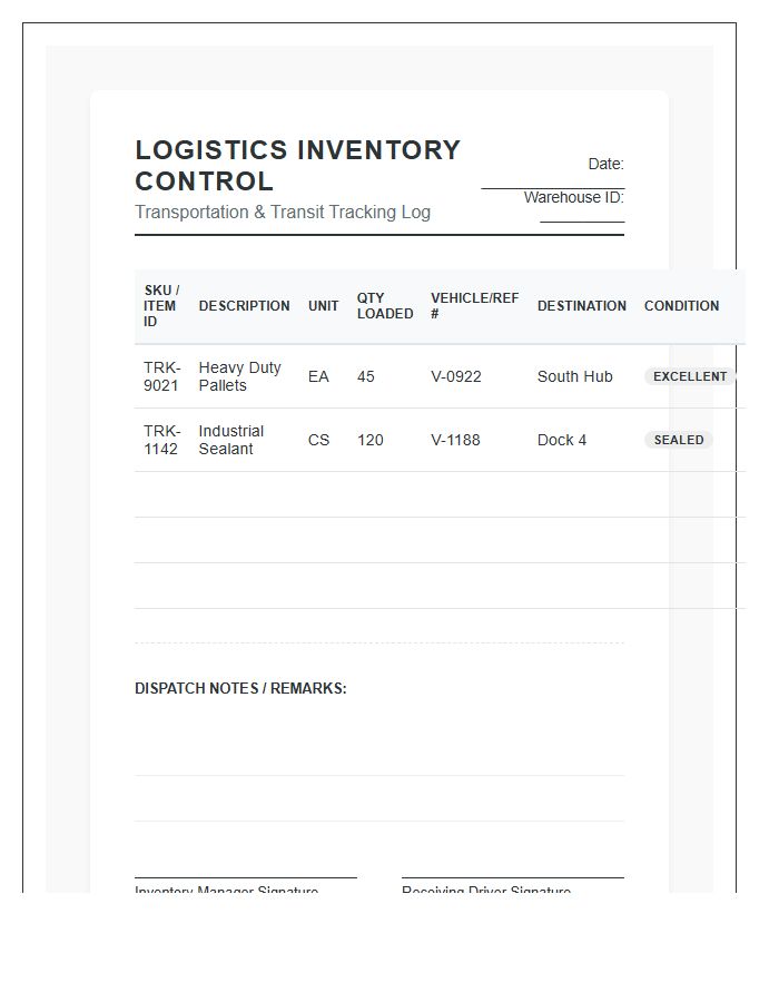 Transportation Logistics Inventory Control Printable Chart
