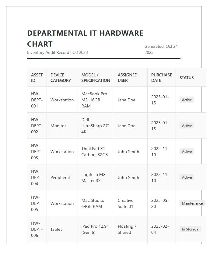 Departmental IT Hardware Printable Chart