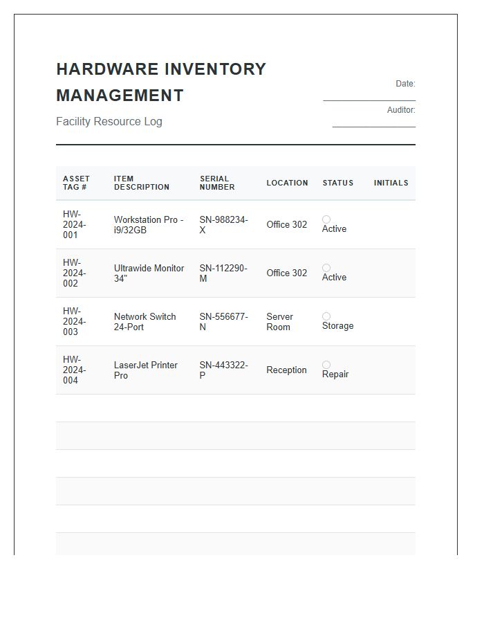 Hardware Inventory Management Printable Chart