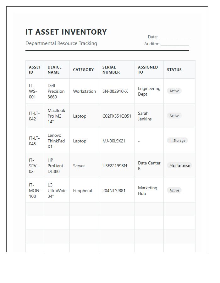 IT Department Asset Inventory Printable Chart