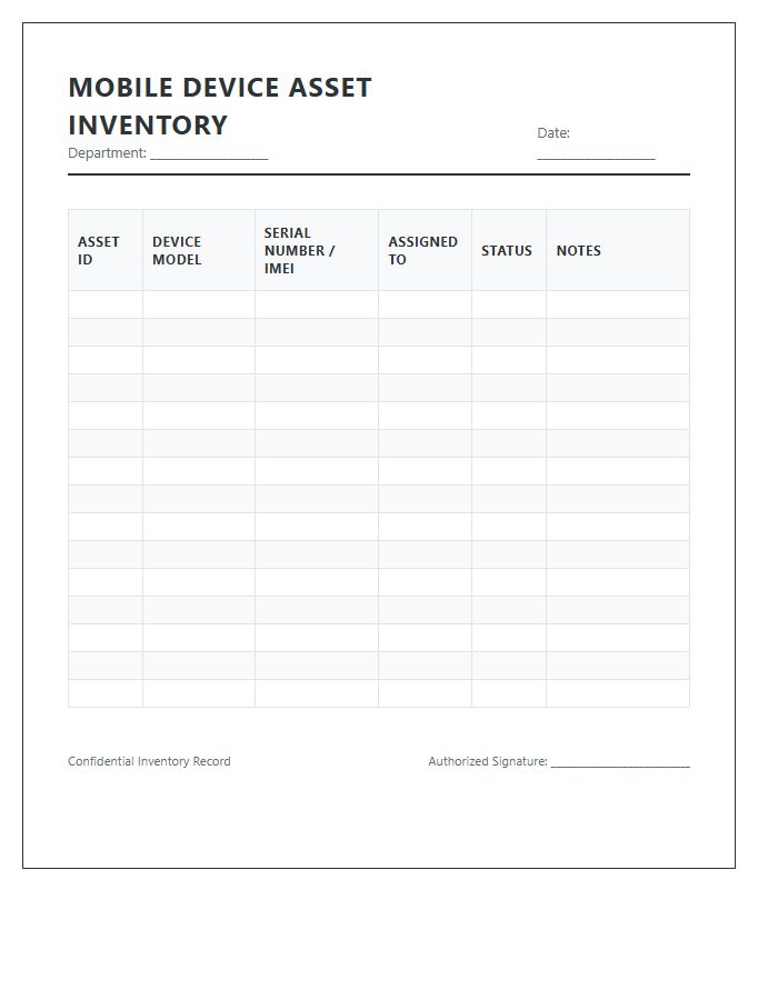 Mobile Device Asset Inventory Printable Chart