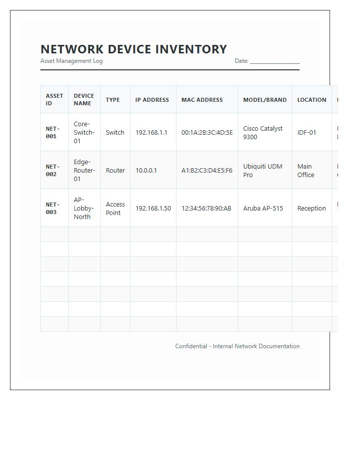 Network Device Inventory Printable Chart
