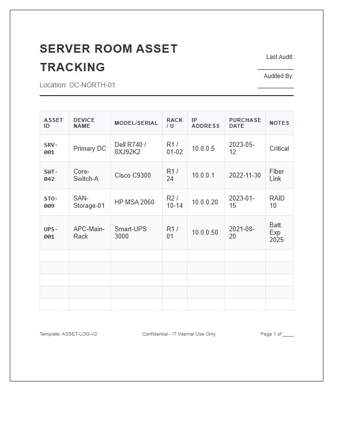 Server Room Asset Tracking Printable Chart