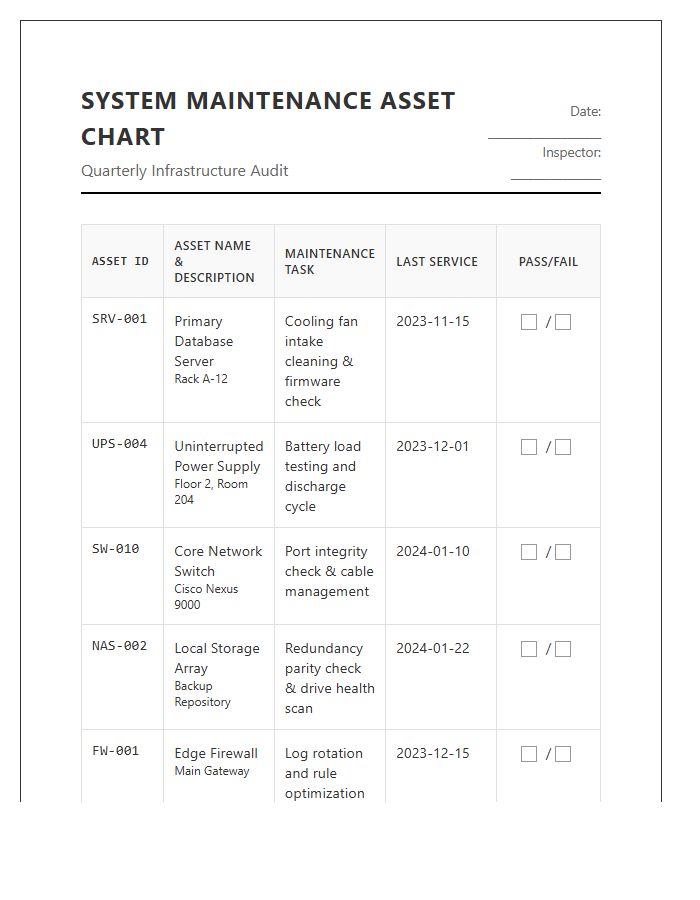 System Maintenance Asset Printable Chart
