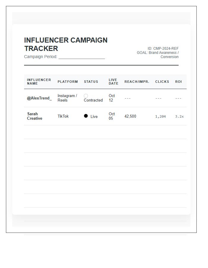 Influencer Campaign Tracking Printable Chart