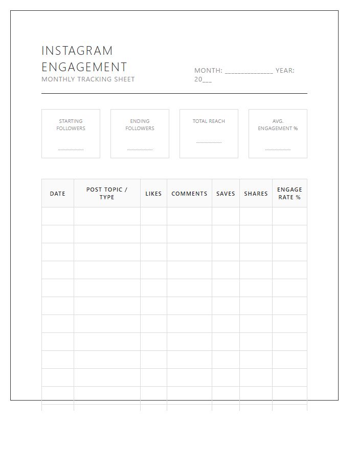 Instagram Engagement Tracking Printable Chart