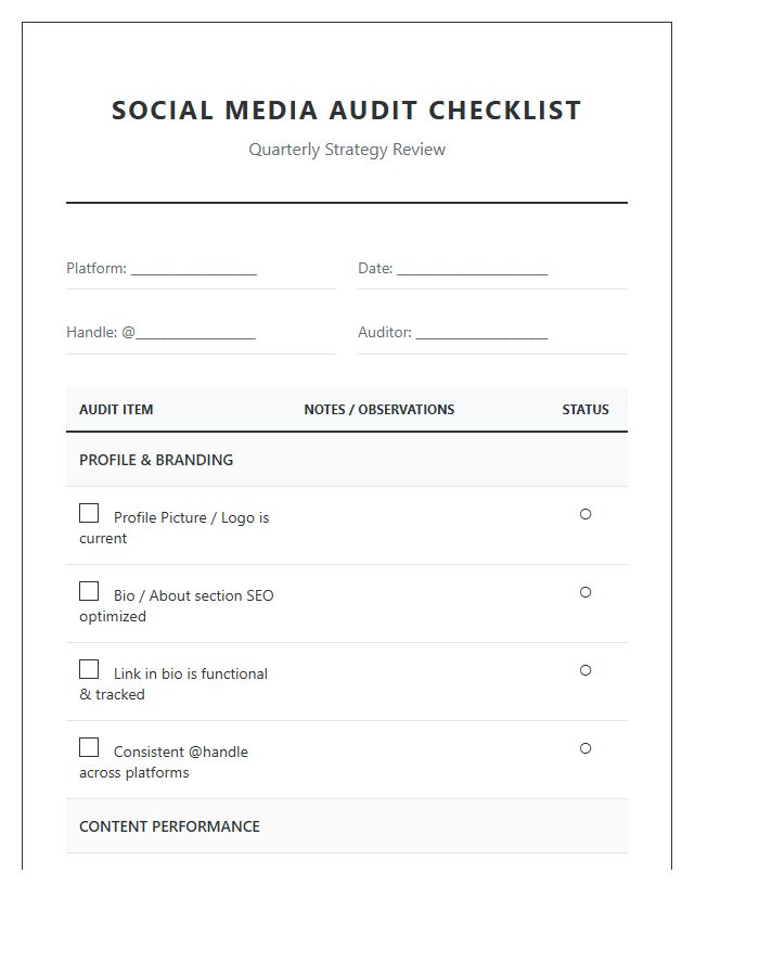Social Media Audit Checklist Printable Chart