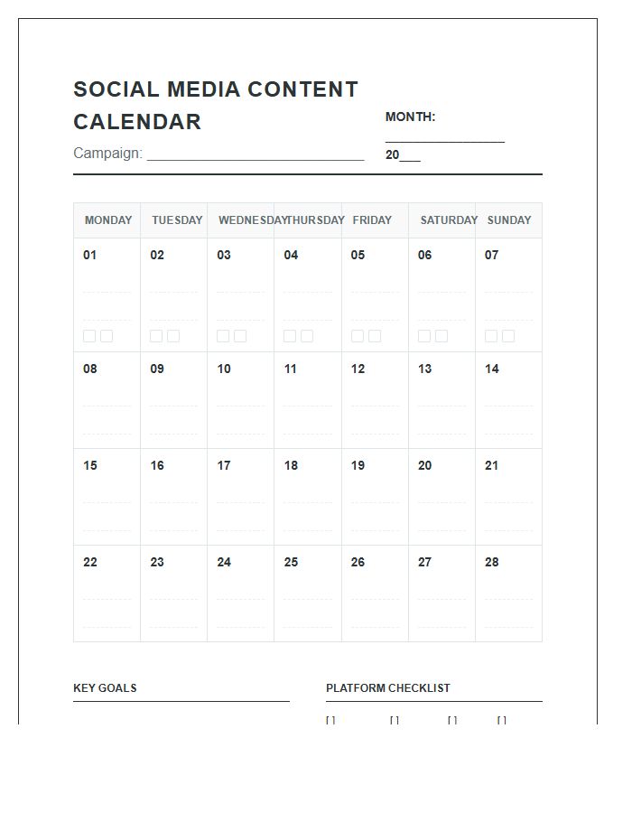 Social Media Content Calendar Printable Chart