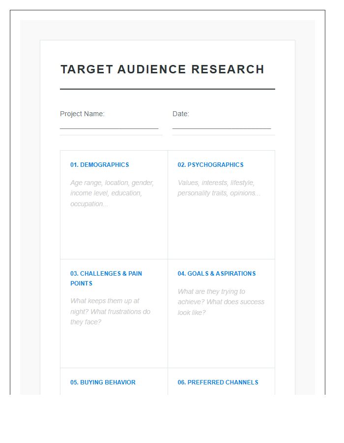 Target Audience Research Printable Chart