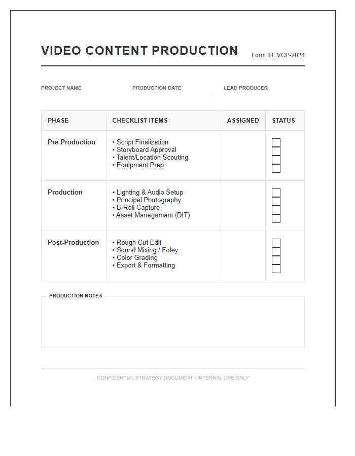 Video Content Production Printable Chart