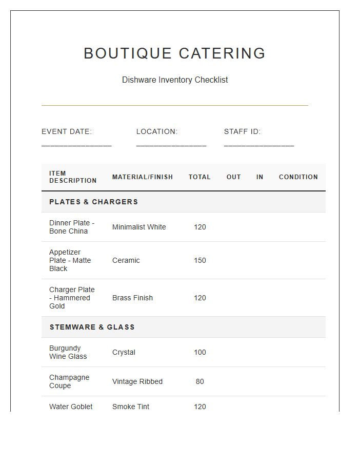 Boutique Catering Dishware Inventory Printable Chart