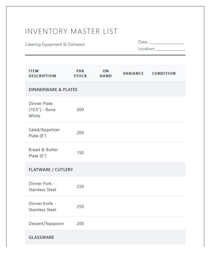 Catering Equipment And Dishware Inventory Printable Chart