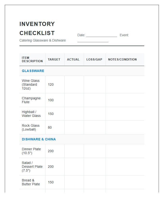 Catering Glassware And Dishware Inventory Printable Chart