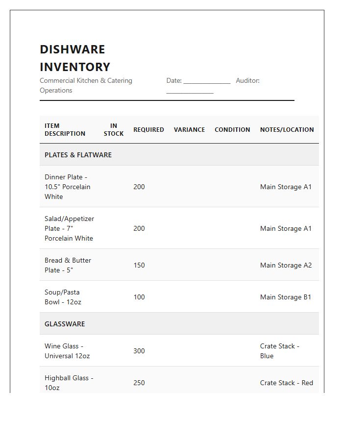 Commercial Kitchen Catering Dishware Inventory Printable Chart