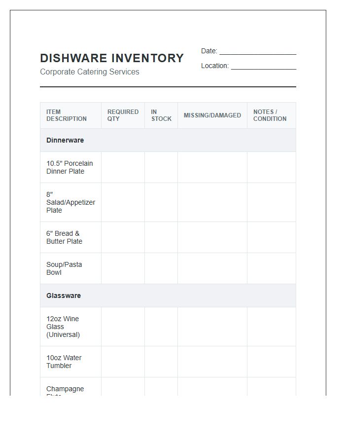 Corporate Catering Dishware Inventory Printable Chart