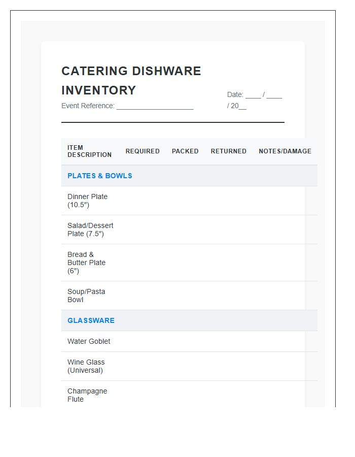 Essential Catering Dishware Inventory Printable Chart