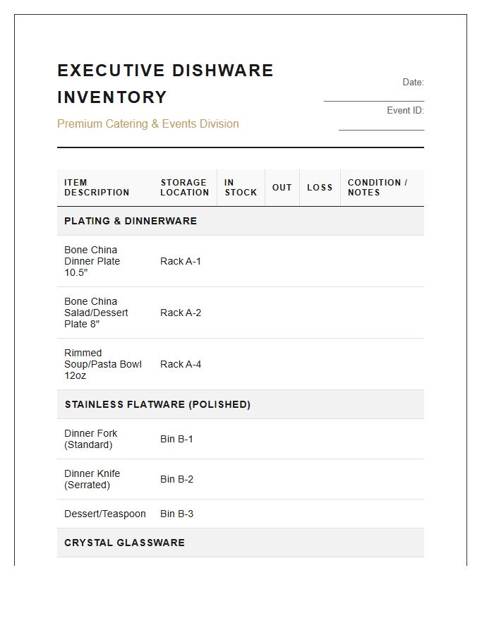 Executive Catering Dishware Inventory Printable Chart