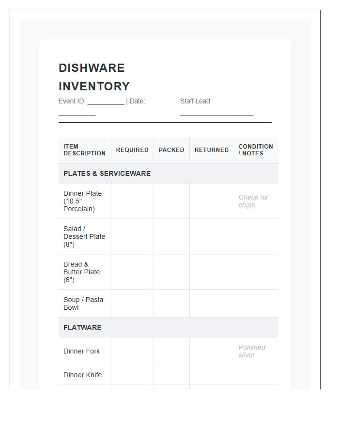 Full Service Catering Dishware Inventory Printable Chart