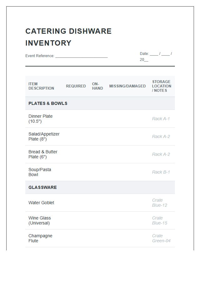 Organized Catering Dishware Inventory Printable Chart