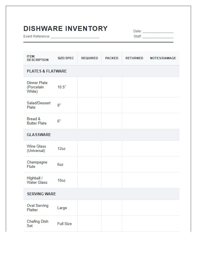 Professional Catering Dishware Inventory Printable Chart