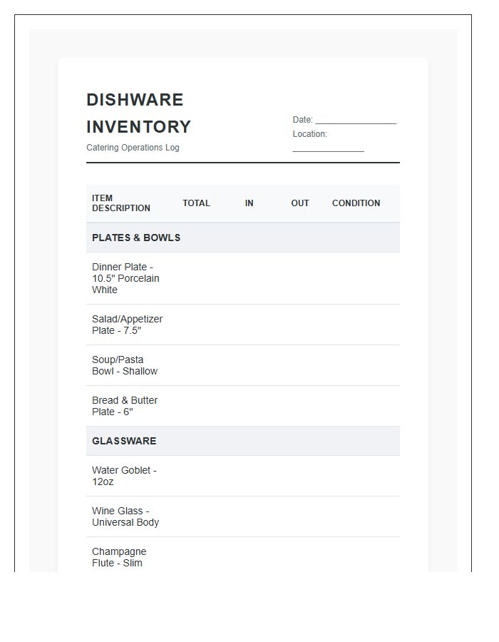 Small Business Catering Dishware Inventory Printable Chart