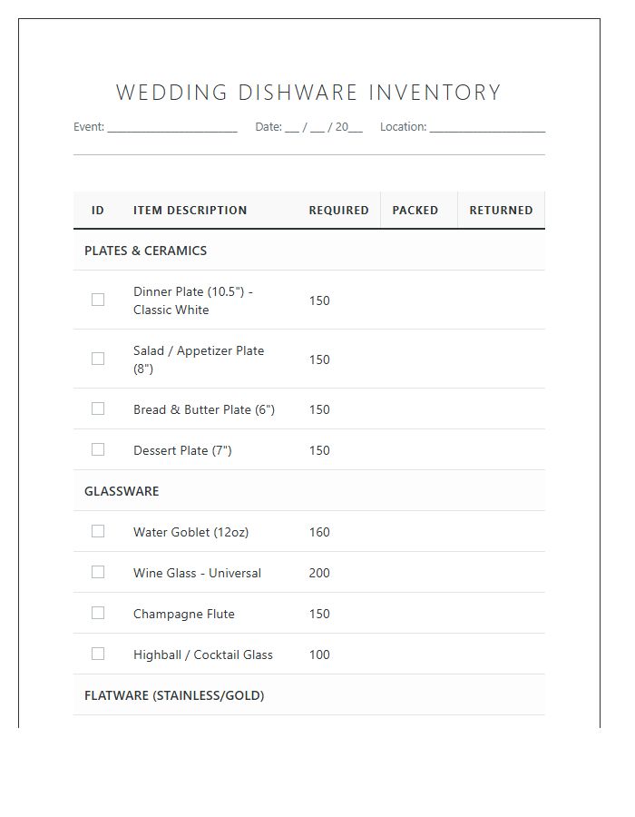 Wedding Catering Dishware Inventory Printable Chart