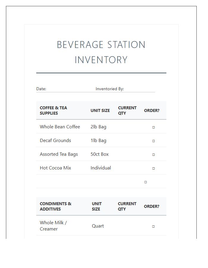 Beverage Station Supply Inventory Printable Chart