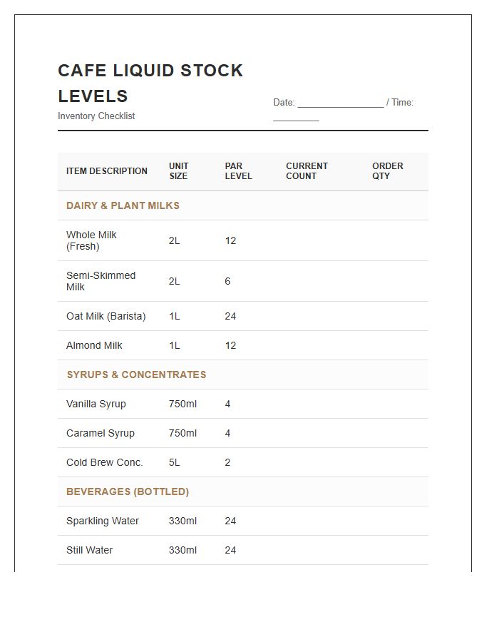 Cafe Liquid Stock Levels Printable Chart