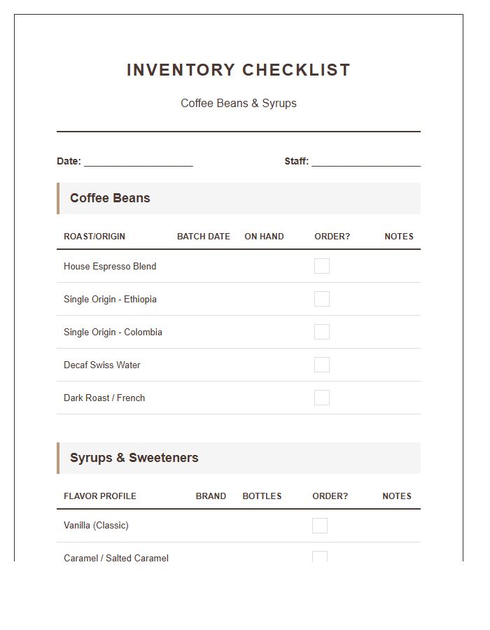 Coffee Bean And Syrup Inventory Printable Chart
