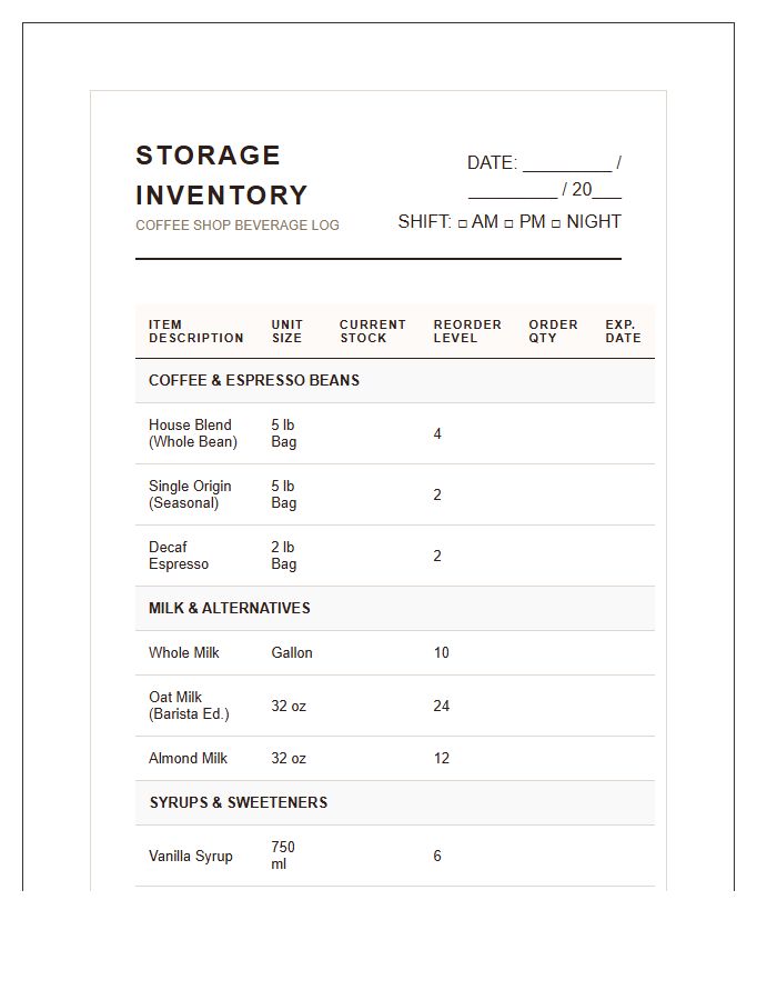 Coffee Shop Beverage Storage Inventory Printable Chart
