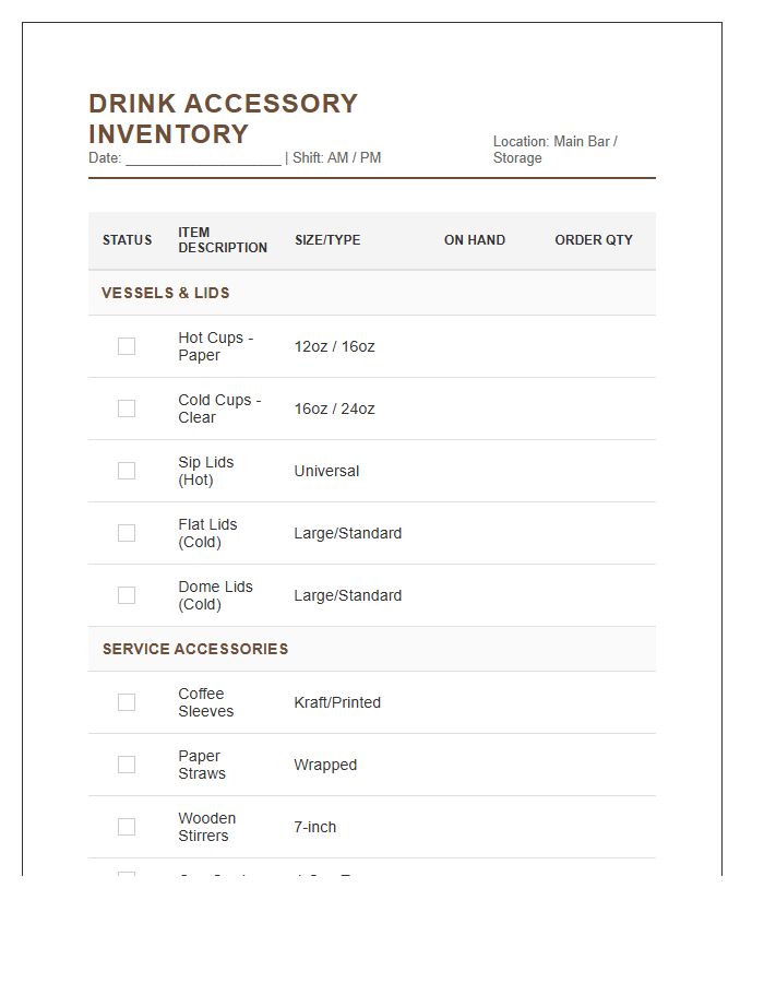 Coffee Shop Drink Accessory Inventory Printable Chart