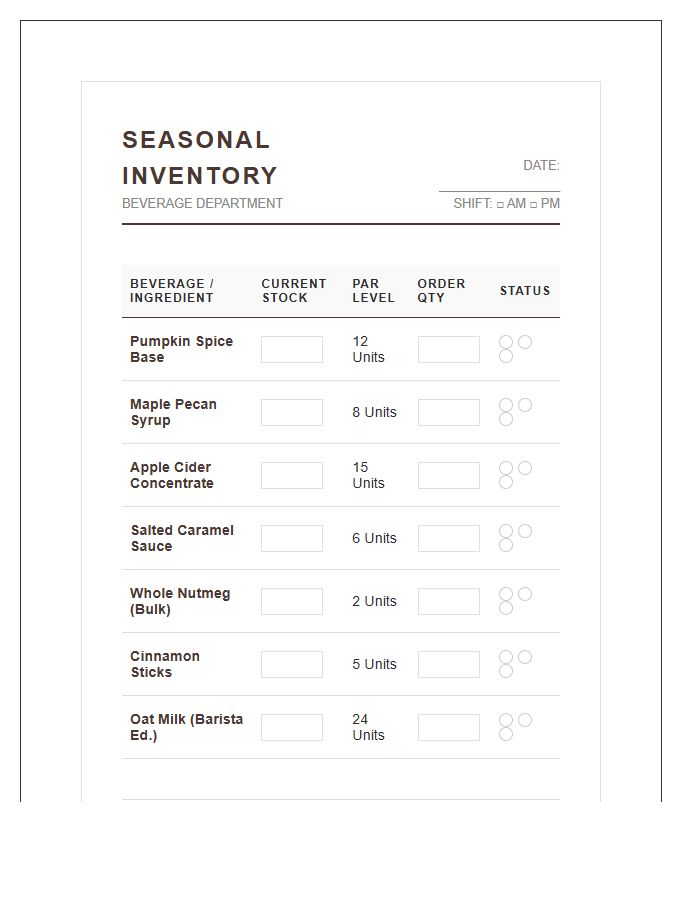 Coffee Shop Seasonal Beverage Inventory Printable Chart