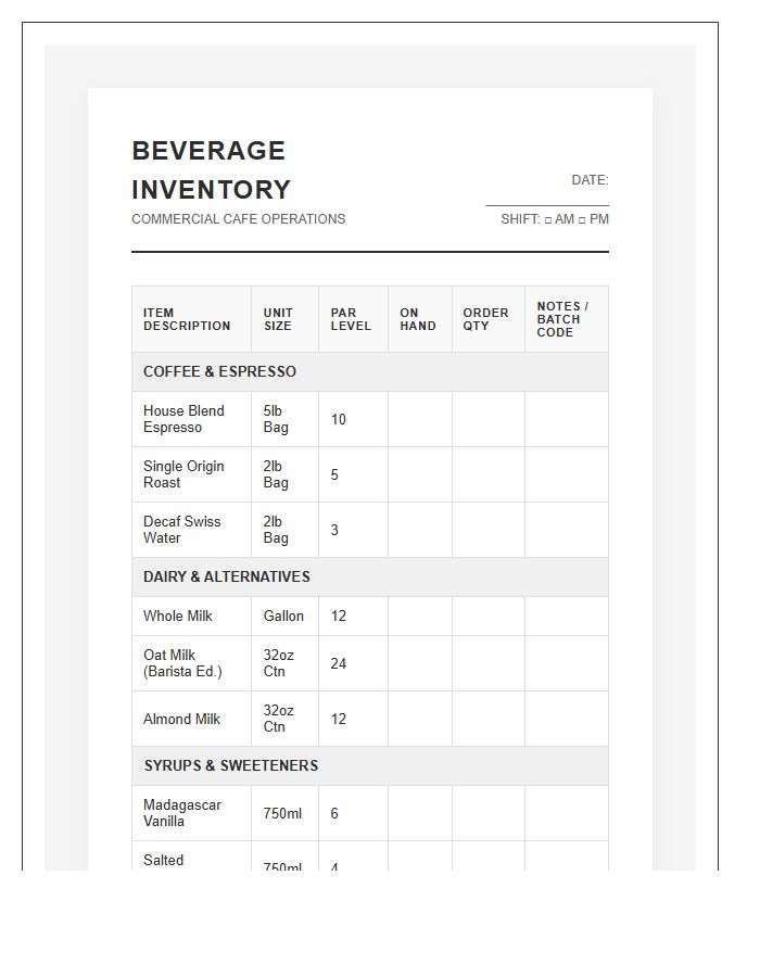 Commercial Cafe Beverage Inventory Printable Chart
