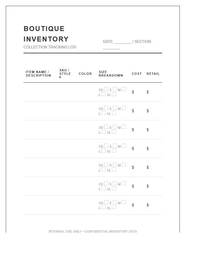 Apparel Boutique Clothing Inventory Tracking Printable Chart