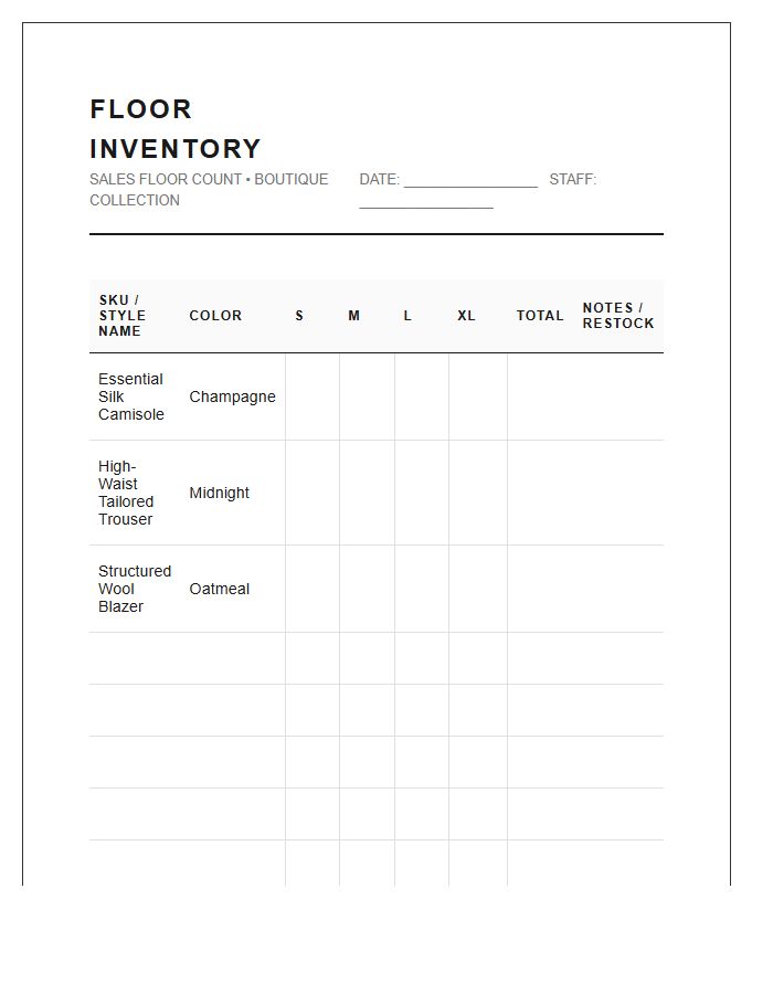 Apparel Boutique Sales Floor Inventory Printable Chart