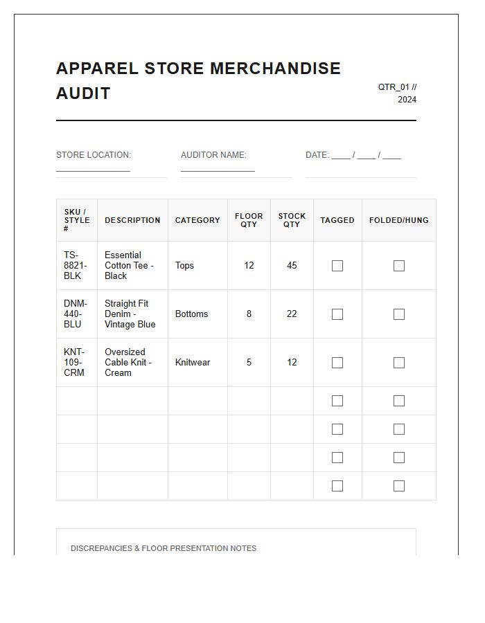 Apparel Store Merchandise Audit Printable Chart