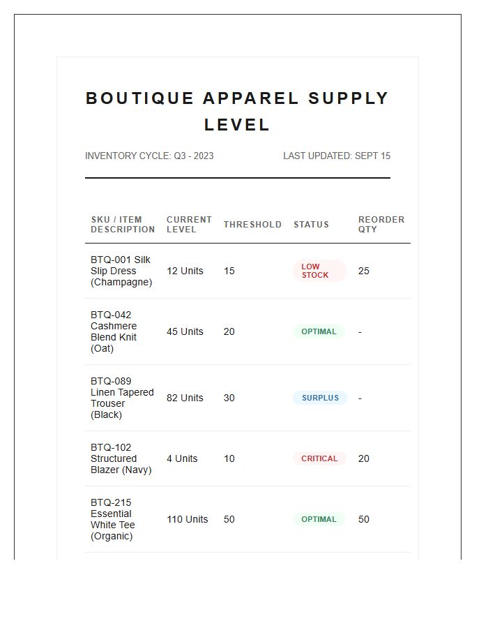 Boutique Apparel Supply Level Printable Chart