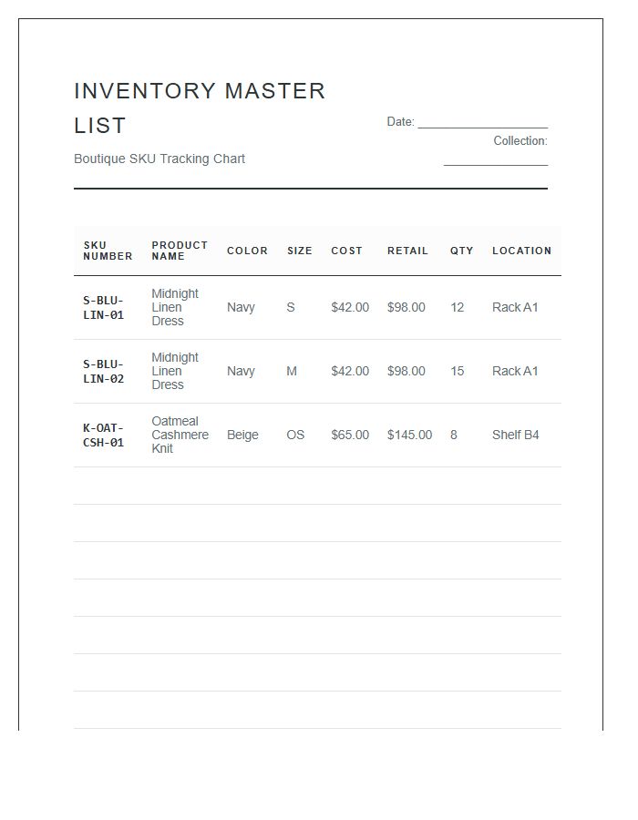 Boutique Clothing SKU Tracking Printable Chart