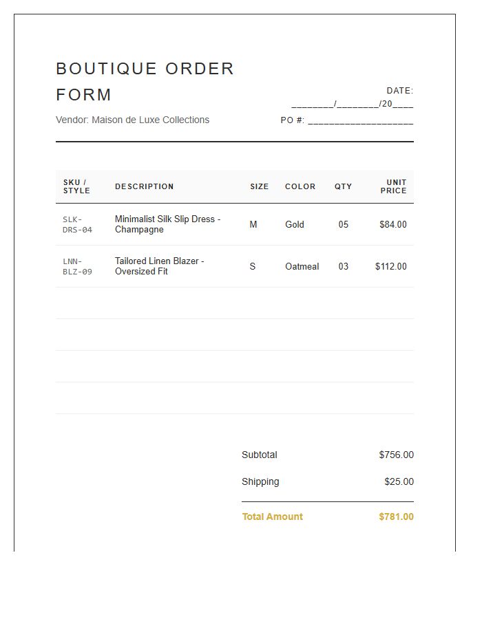 Boutique Clothing Vendor Order Printable Chart