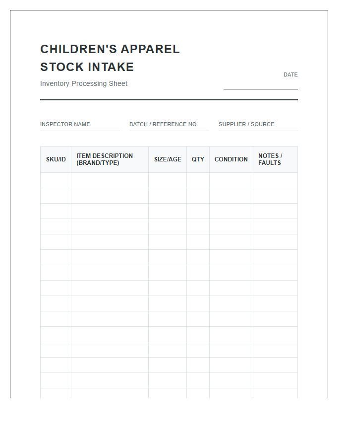 Children's Apparel Stock Intake Printable Chart