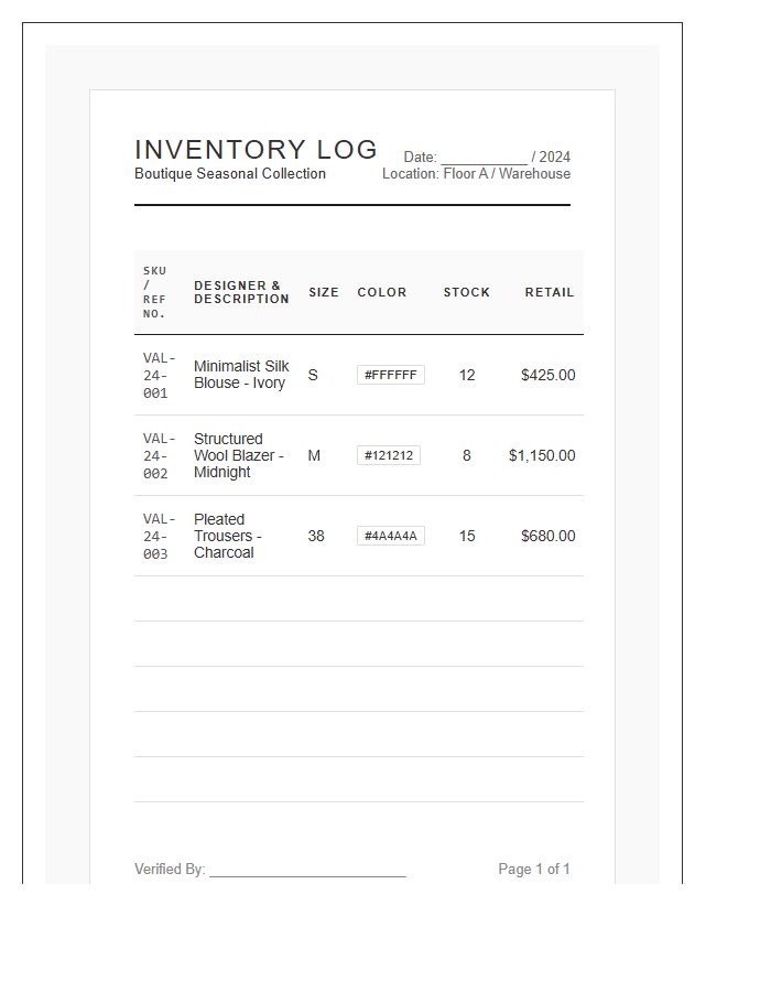 Designer Clothing Boutique Inventory Printable Chart