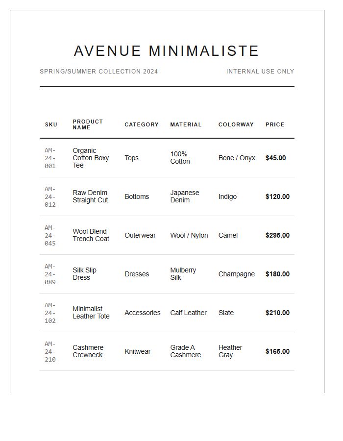 Fashion Boutique Product Catalog Printable Chart