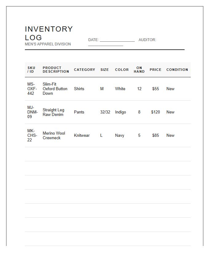 Men's Clothing Store Inventory Printable Chart