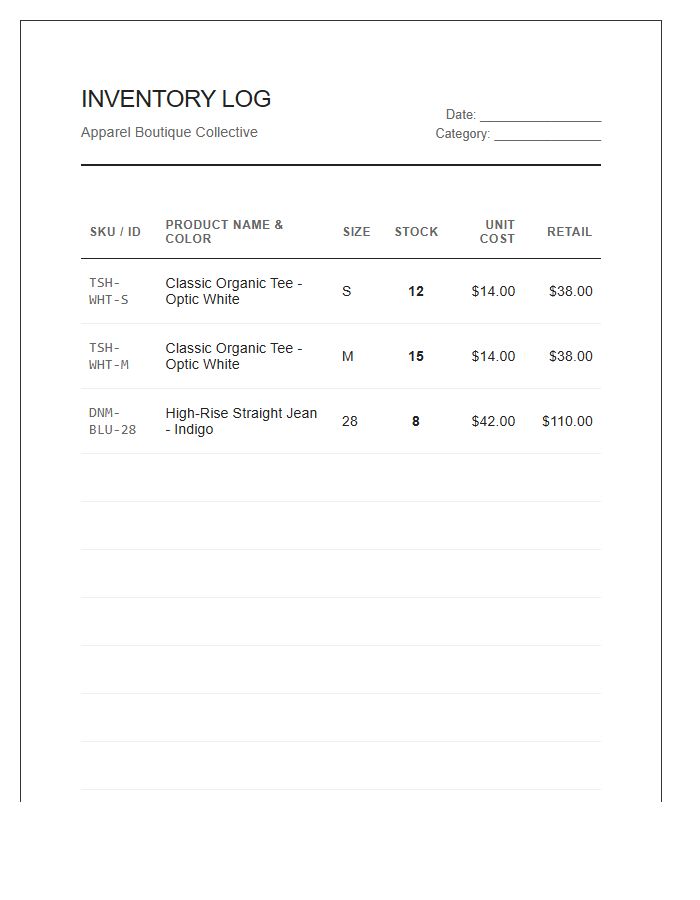 Online Apparel Boutique Inventory Printable Chart