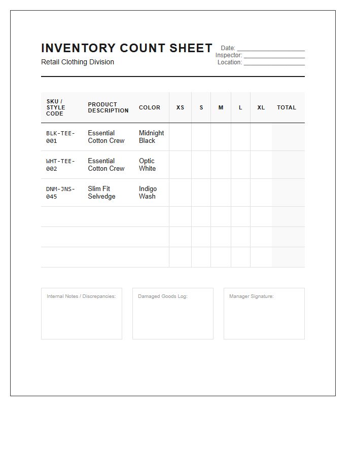 Retail Clothing Stock Management Printable Chart