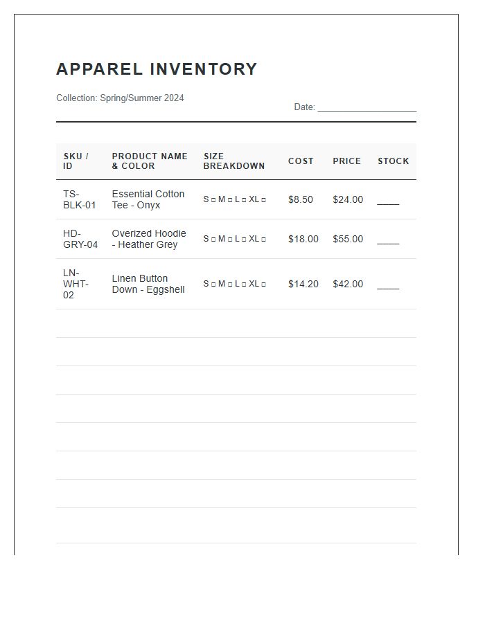 Small Business Apparel Inventory Printable Chart