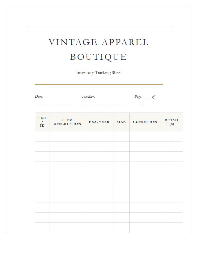 Vintage Apparel Boutique Stock Printable Chart