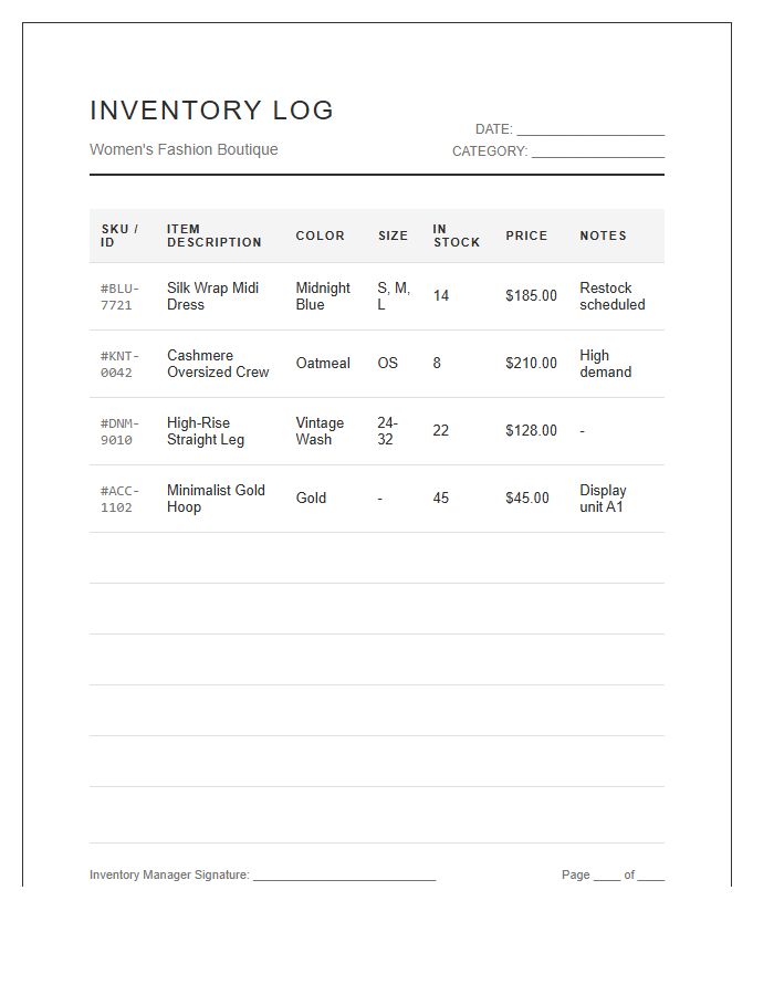 Women's Fashion Boutique Inventory Printable Chart