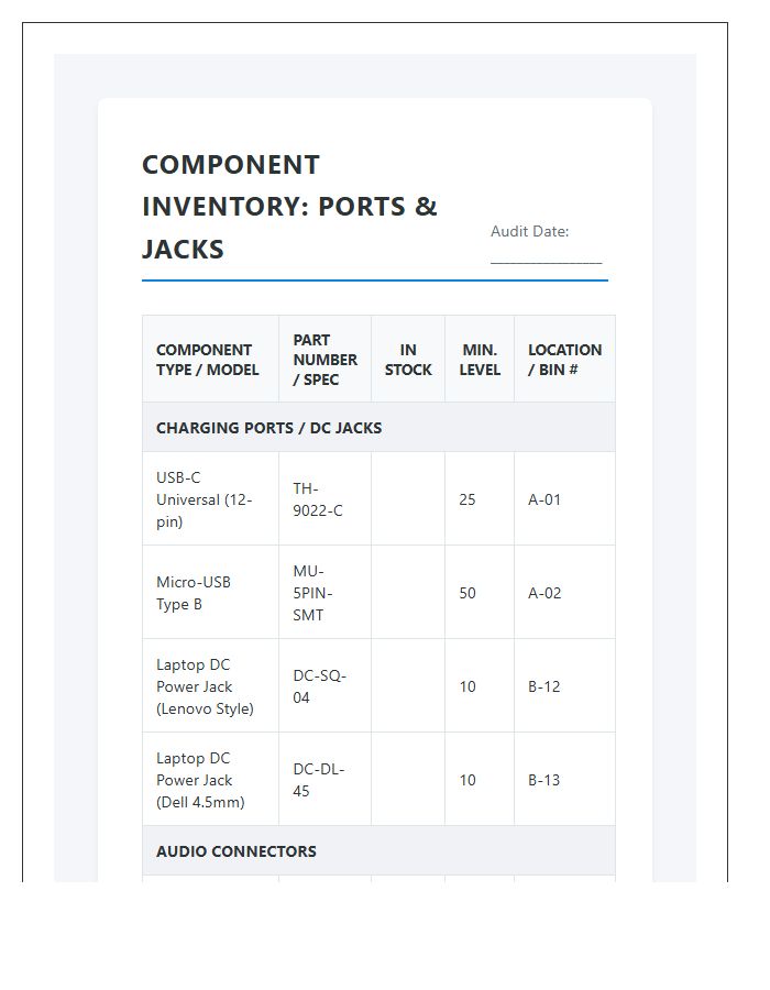 Audio Jack And Charging Port Inventory Printable Chart