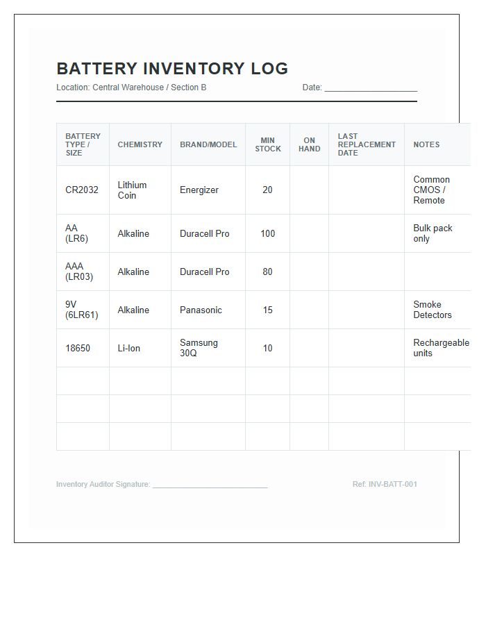 Battery Replacement Stock Inventory Printable Chart